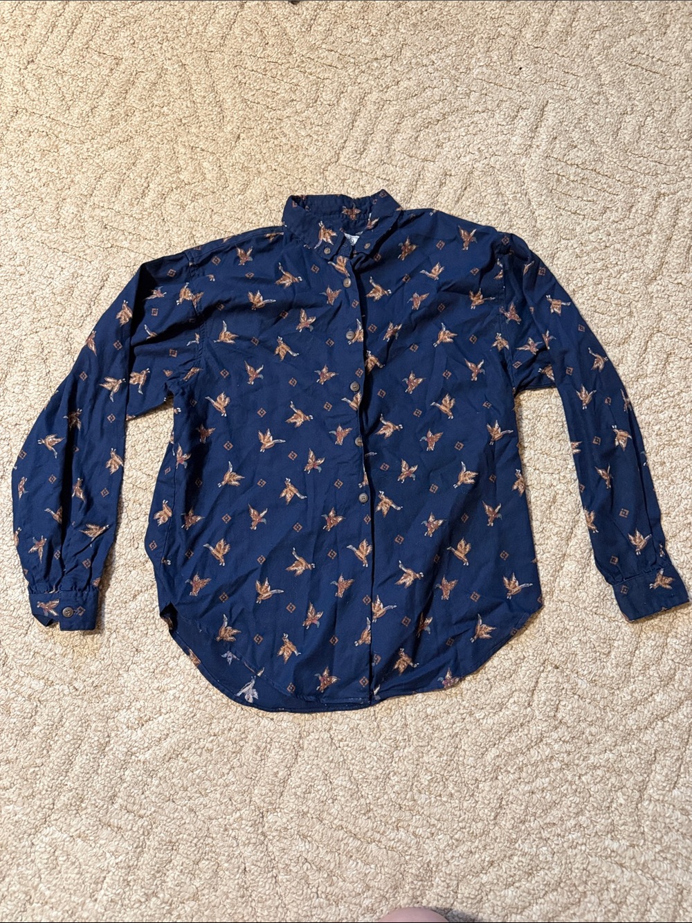 Boys' Navy Button-Up Shirt with Bird Print